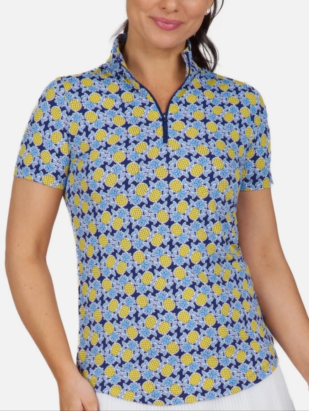 IBKUL Blue Yellow Pineapple Print Short Sleeve Swim Atheltic SPF Shirt Women Med